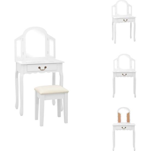 Vidaxl Tavolino Da Toilette Con Sgabello Bianco 65X36X128 Cm In Legno Di Paulownia Mdf - Tavolini Da Toilette-image