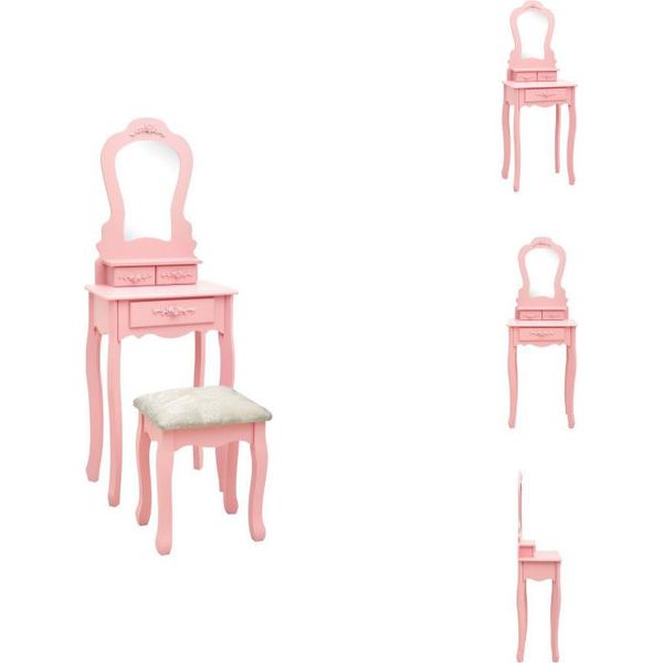 Vidaxl Set Tavolino Da Toilette Con Sgabello Rosa 50X59X136 Cm In Legno Di Paulownia - Tavolini Da Toilette-image