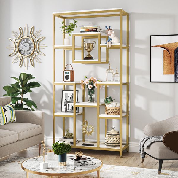 Libreria Tribesigns Alta 180 Cm, Libreria Moderna Indipendente Con 11 Ripiani Aperti, Libreria Alta Da Esposizione, Oro E Bianco-image