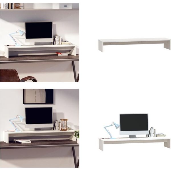 Vidaxl Supporto Per Monitor Bianco 100X27X15 Cm In Legno Di Pino Massiccio - Supporto Per Monitor - Piano Di Lavoro - Alzata Per Monitor - Alzata Per Monitor-image