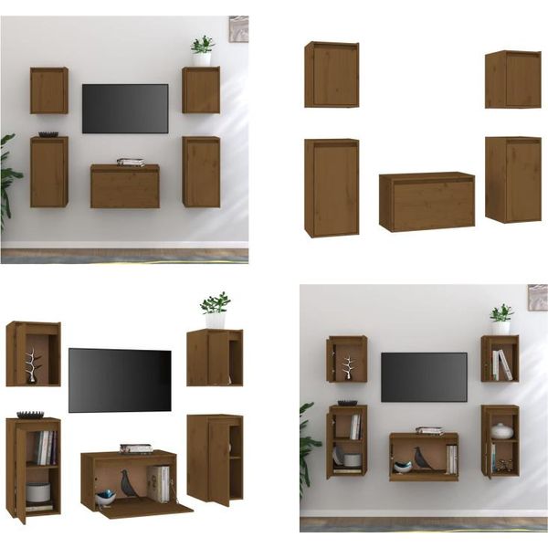 Vidaxl Mobili Tv 5 Pz. Pino Massiccio Marrone Miele - Mobile Tv - Mobili Tv - Mobile Tv In Legno - Mobili Tv-image