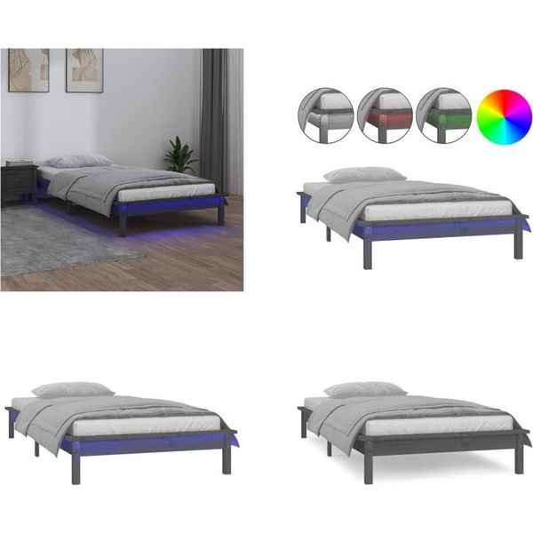 Vidaxl Letto In Legno Massiccio Con Led Grigio 100X200 Cm - Struttura Letto - Cornici Letto - Struttura Letto - Letto Camera Da Letto-image