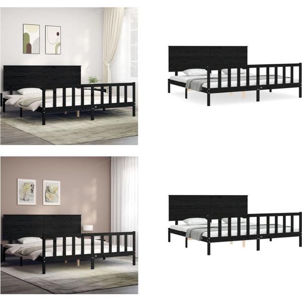 Vidaxl Letto In Legno Massiccio Con Testiera Nera 200X200 Cm - Struttura Letto - Letto - Letto Matrimoniale-image