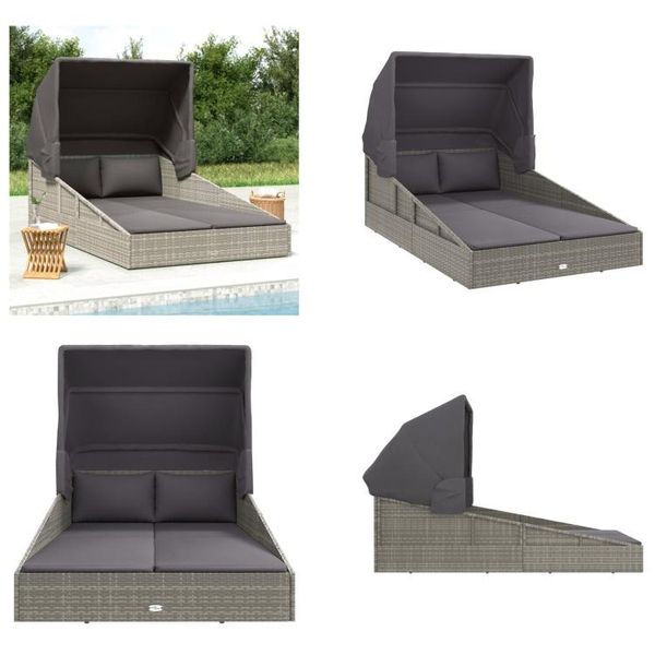 Vidaxl Lettino Prendisole Con Tetto Pieghevole Grigio 200X114X128 Cm In Poly Rattan - Lettino Prendisole - Lettino Prendisole - Day Bed-image