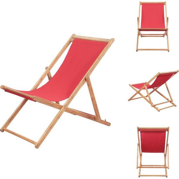 Vidaxl Sedia Da Spiaggia Pieghevole Con Struttura In Legno E Tessuto Rosso - Sedie Da Giardino-image