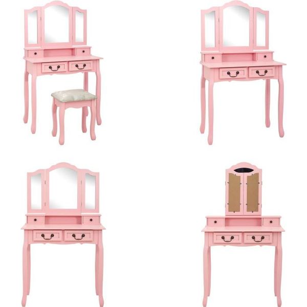 Vidaxl Set Tavolo Da Toilette Con Sgabello Rosa 80×69×141 Cm In Legno Di Paulownia - Tavolo Da Toilette - Tavoli Da Toilette - Set Tavolo Da Toilette - Set Tavolo Da Toilette-image