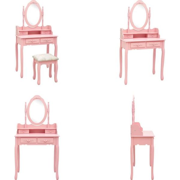 Vidaxl Set Tavolo Da Toilette Con Sgabello Rosa 75X69X140 Cm In Legno Di Paulownia - Tavolo Da Toilette - Tavoli Da Toilette - Set Tavolo Da Toilette - Set Tavolo Da Toilette-image