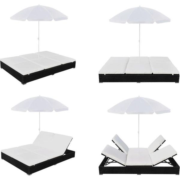 Vidaxl Lettino Da Esterno Con Ombrellone In Polirattan Nero - Lettino Prendisole - Lettino Prendisole - Sedia A Sdraio - Sedie A Sdraio-image