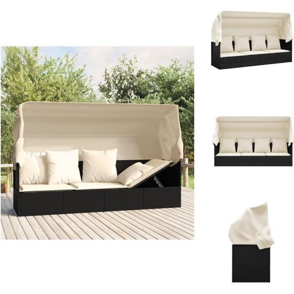 Vidaxl Lettino Da Esterno Con Tetto E Cuscini In Poly Rattan Nero - Lettini Prendisole-image