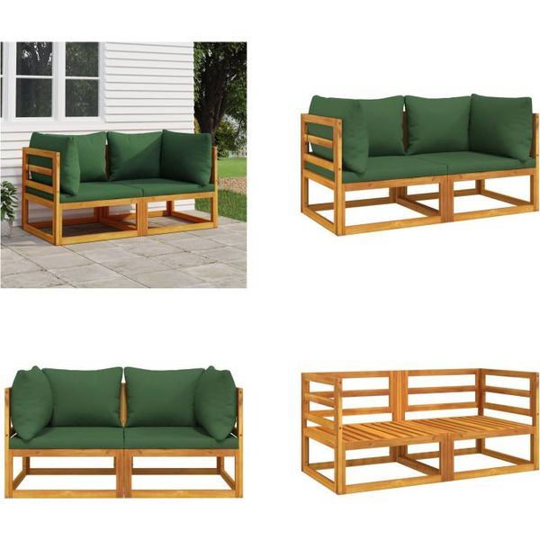Vidaxl Divani Angolari Modulari 2 Pezzi Con Cuscini Verdi In Legno Massiccio Di Acacia - Divano Angolare - Divani Angolari - Mobili Da Giardino - Divano Da Giardino-image