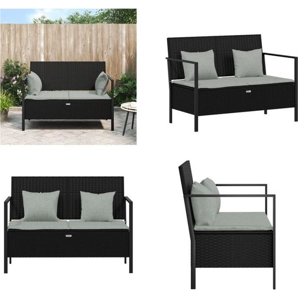 Vidaxl Panca Da Giardino A 2 Posti Con Cuscini In Poly Rattan Nero - Panca Da Giardino - Panca Da Giardino - Panca Per Riporre Oggetti - Panca Da Esterno-image