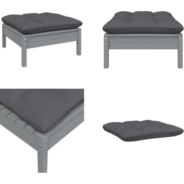 Vidaxl Sgabello Da Giardino Con Cuscino In Legno Di Pino Massiccio Grigio - Poggiapiedi - Panca Per Piedi - Poggiapiedi - Poggiapiedi-image