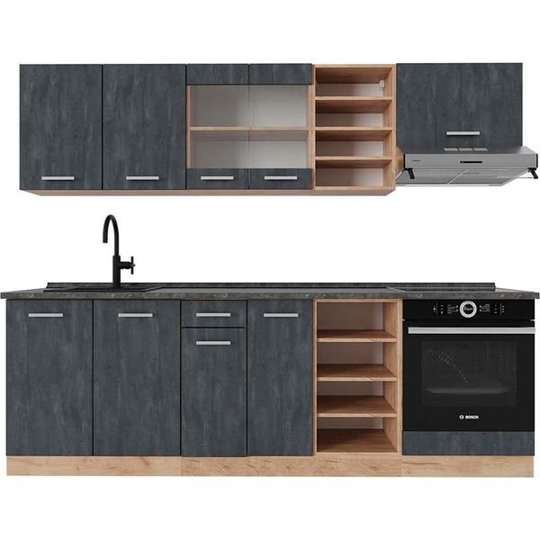 Vicco Cucina Componibile R-Line, 240 Cm Pt Antracite, Calcestruzzo Nero/Quercia Dorata-image