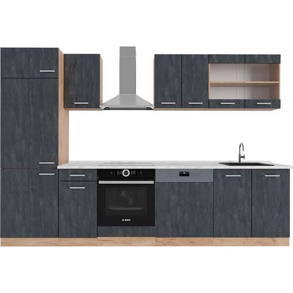 Vicco Cucina Componibile R-Line, 300 Cm Pt Marmo, Calcestruzzo Nero/Quercia Dorata-image