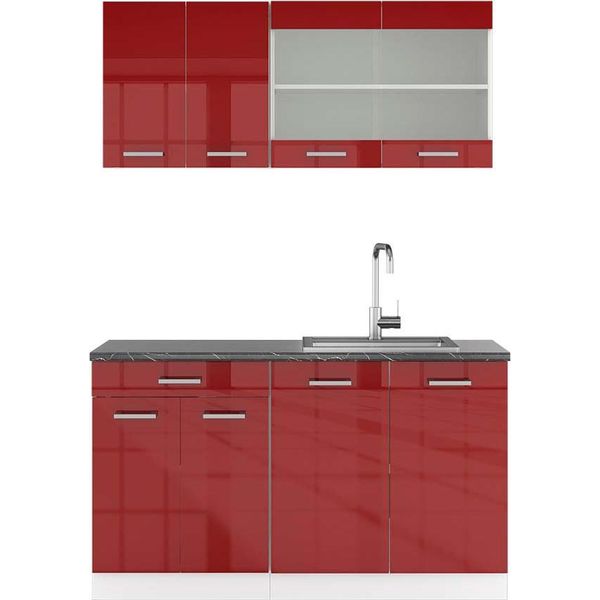 Vicco Cucina Monoblocco R-Line, 140 Cm , Pl Antracite, Rosso Lucido/Bianco/Bianco-image