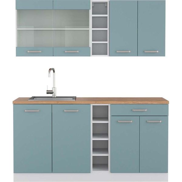 Vicco Cucina Completa R-Line, 160 Cm , Pt Rovere, Blu-Grigio/Bianco-image