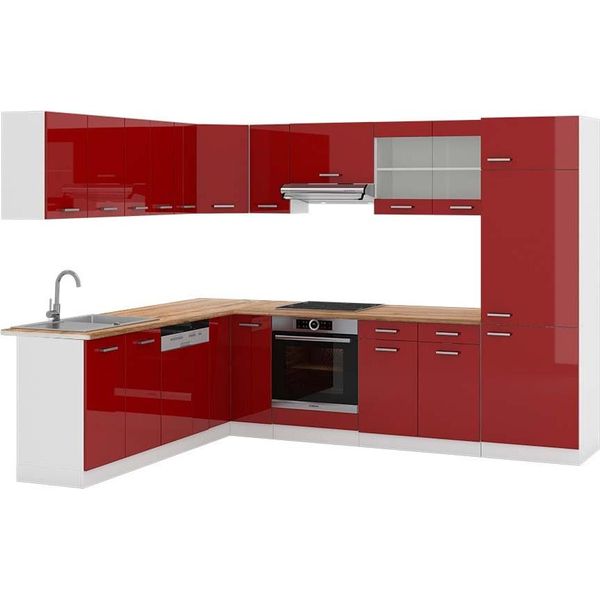 Vicco Cucina Angolare Completa R-Line, 287 X 60 Cm , Pl Rovere, Rosso Lucido/Bianco/Bianco-image