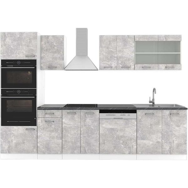 Vicco Cucina Componibile R-Line, 300 Cm Con Armadio Alto, Pt Antracite, Cemento/Bianco-image