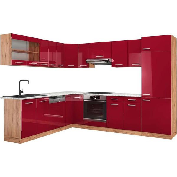 Vicco Cucina Angolare Completa R-Line, 287 X 60 Cm , Pl Marmo, Rosso Lucido/Rovere Dorato/Quercia Dorata-image