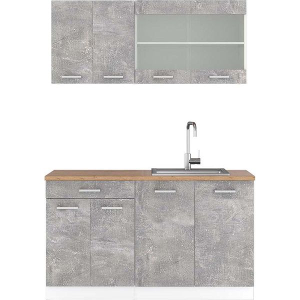 Vicco Cucina Monoblocco R-Line, 140 Cm , Pt Rovere, Cemento/Bianco-image