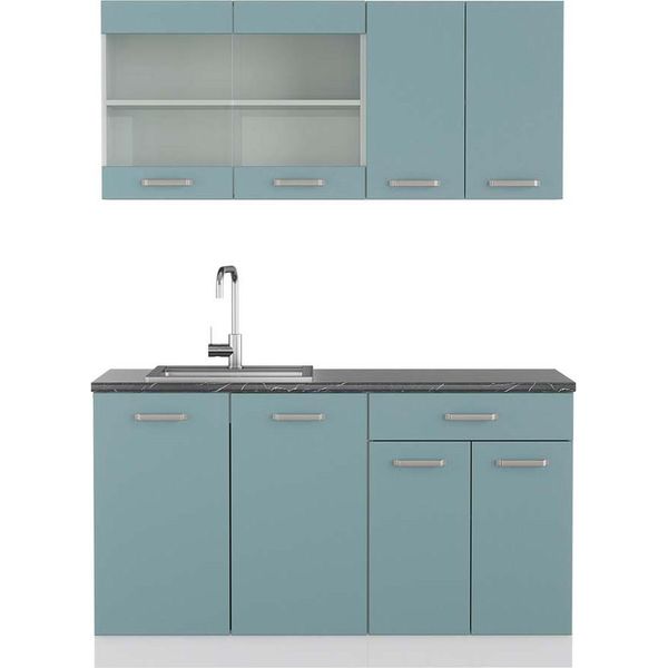 Vicco Cucina Monoblocco R-Line, 140 Cm , Pt Antracite, Blu-Grigio/Bianco-image