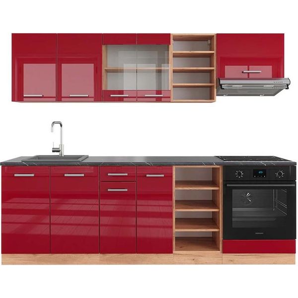 Vicco Cucina Componibile R-Line, 240 Cm , Pl Antracite, Rosso Lucido/Rovere Dorato/Quercia Dorata-image