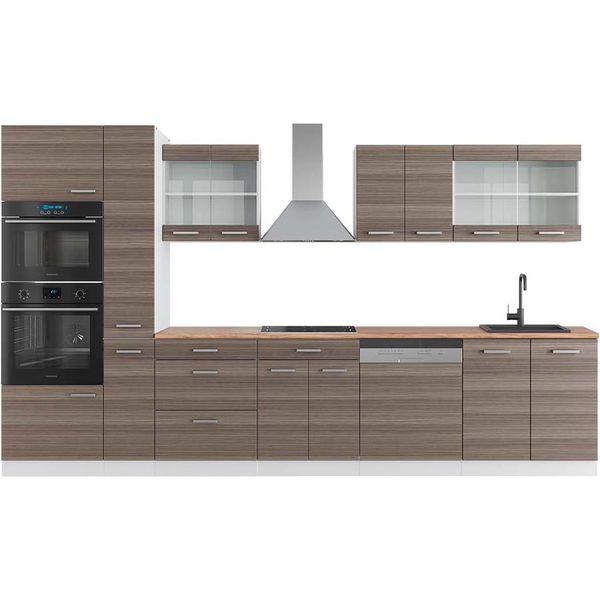 Vicco Cucina Componibile R-Line, 350 Cm Con Armadio Alto, Pt Rovere, Grigio Prezioso/Bianco-image