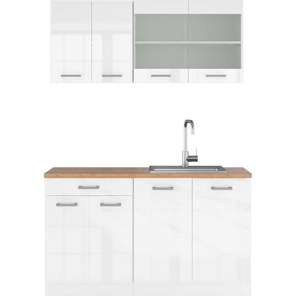 Vicco Cucina Monoblocco R-Line, 140 Cm , Pt Rovere, Bianco Lucido/Bianco-image