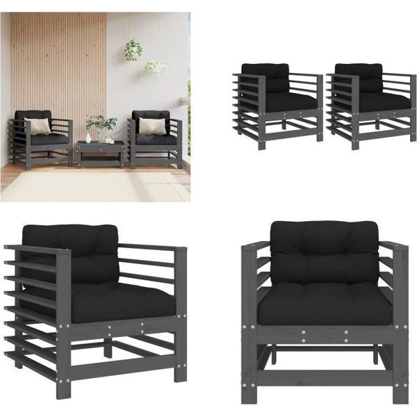 Vidaxl Sedie Da Giardino Con Cuscino 2 Pz. Legno Di Pino Massiccio Grigio - Sedia Da Giardino - Sedia Da Giardino - Sedia Da Esterno - Sedia Da Patio-image
