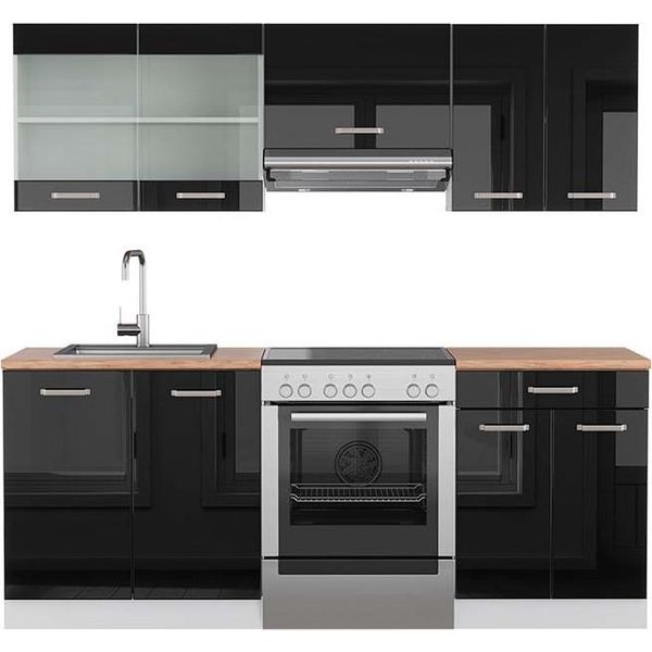 Vicco Cucina Componibile R-Line, 200 Cm , Pt Rovere, Nero Lucido/Bianco-image