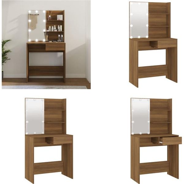 Vidaxl Tavolo Da Toilette Con Led In Rovere Marrone 74,5X40X141 Cm - Tavolo Da Toilette - Tavolo Da Trucco - Tavolo Per Cosmetici - Tavolo Da Toilette-image