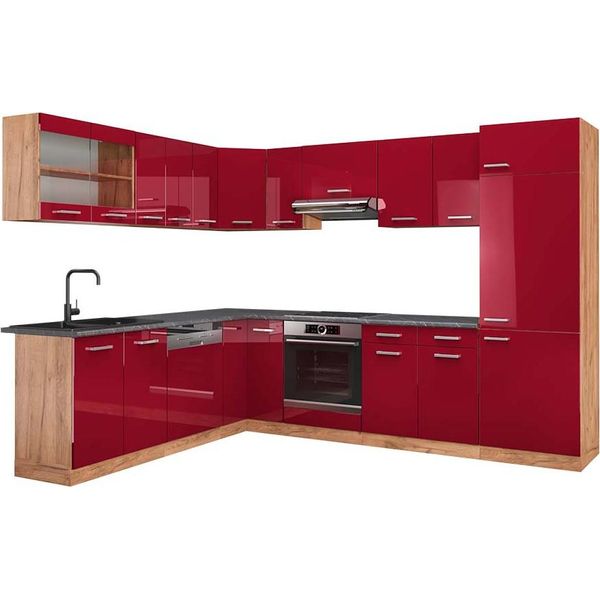 Vicco Cucina Angolare Completa R-Line, 287 X 60 Cm , Pl Antracite, Rosso Lucido/Rovere Dorato/Quercia Dorata-image