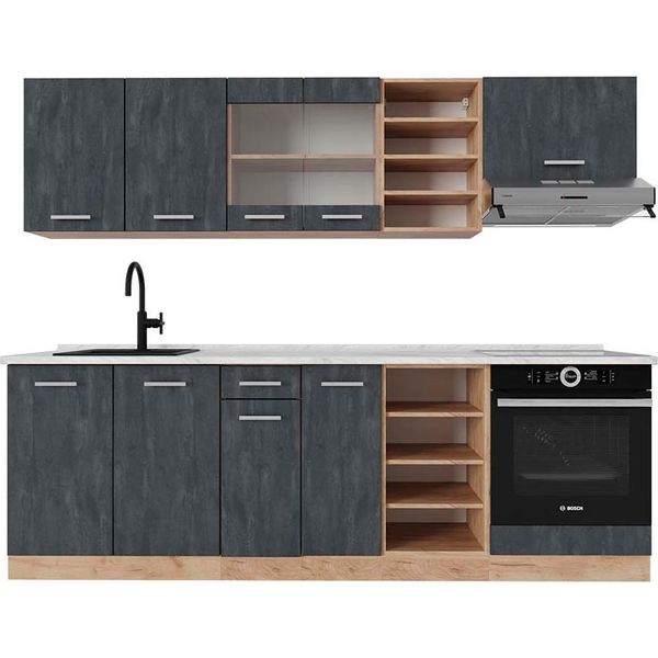 Vicco Cucina Componibile R-Line, 240 Cm Pt Marmo, Calcestruzzo Nero/Quercia Dorata-image