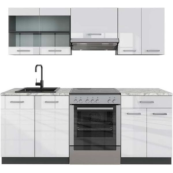 Vicco Cucina Componibile R-Line, 200 Cm , Pt Marmo, Bianco Lucido/Antracite-image