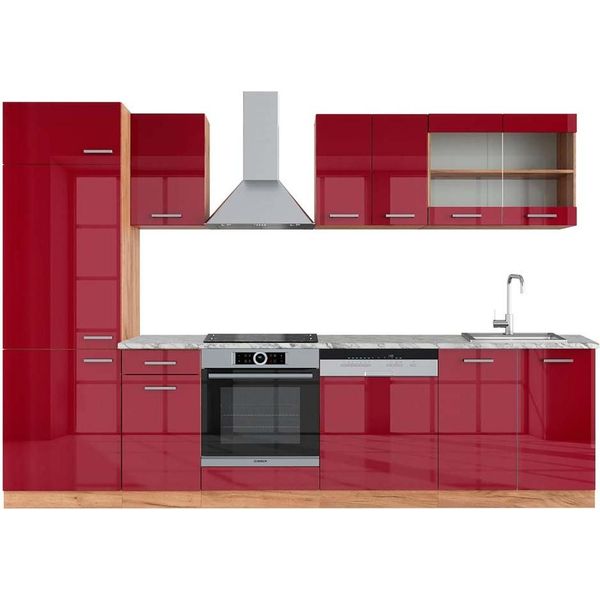 Vicco Cucina Componibile R-Line, 300 Cm , Pl Marmo, Rosso Lucido/Rovere Dorato/Quercia Dorata-image