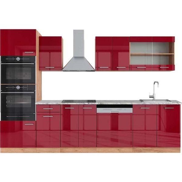 Vicco Cucina Componibile R-Line, 300 Cm Con Armadio Alto, Pl Marmo, Rosso Lucido/Rovere Dorato/Quercia Dorata-image