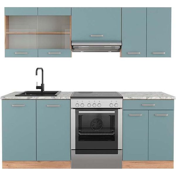 Vicco Cucina Componibile R-Line, 200 Cm , Pt Marmo, Rovere Blu-Grigio/Oro-image