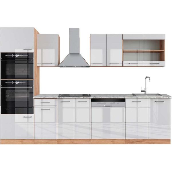 Vicco Cucina Componibile R-Line, 300 Cm Con Armadio Alto, Pt Marmo, Bianco Lucido/Oro Power Oak-image