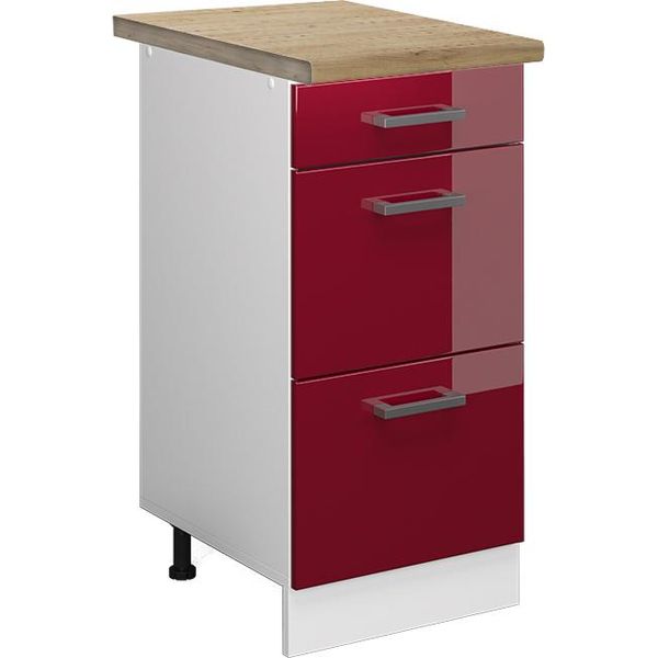 Vicco Mobiletto Base Per Cucina R-Line, 40 Cm Con Cassetti, Pl Rovere, Rosso Lucido/Bianco-image