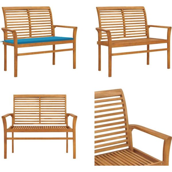 Vidaxl Panca Da Giardino Con Cuscino Blu 112 Cm In Legno Massiccio Di Teak - Panca Da Giardino - Panca Da Giardino - Panca Da Patio - Panche Da Patio-image