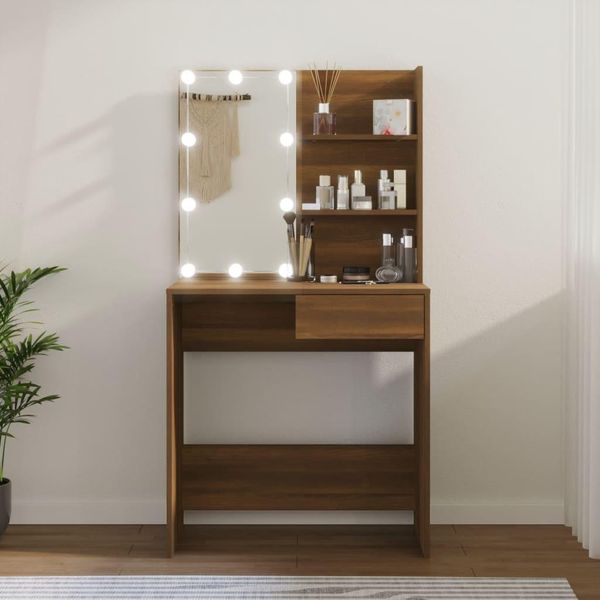 The Living Store Comodino Con Led In Rovere Marrone 74,5X40X141 Cm-image