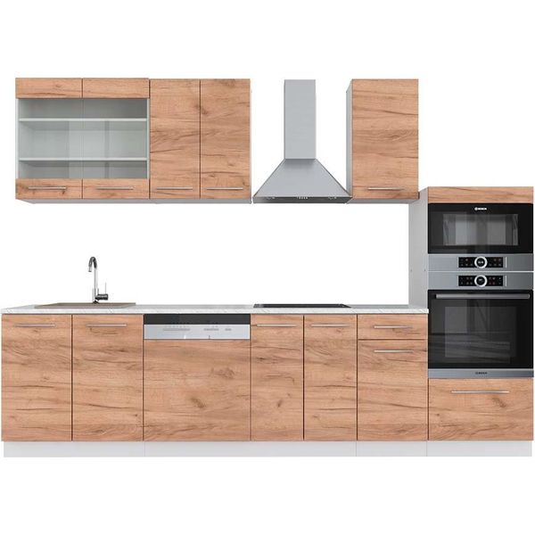 Vicco Cucina Componibile Fame-Line, 300 Cm Con Armadio Alto, Pt Marmo, Quercia Dorata/Bianco-image