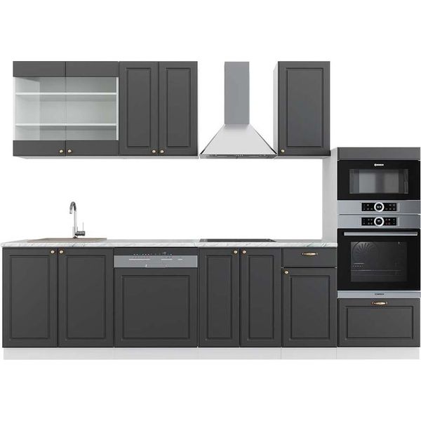 Vicco Cucina Componibile Fame-Line, 300 Cm Con Armadio Alto, Pt Marmo, Antracite-Oro/Bianco-image