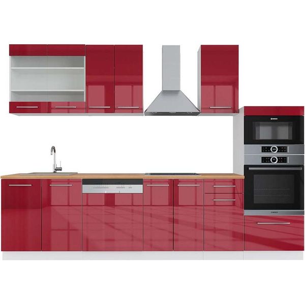 Vicco Cucina Componibile Fame-Line, 300 Cm Con Armadio Alto, Pt Rovere, Bordeaux Lucido/Bianco-image