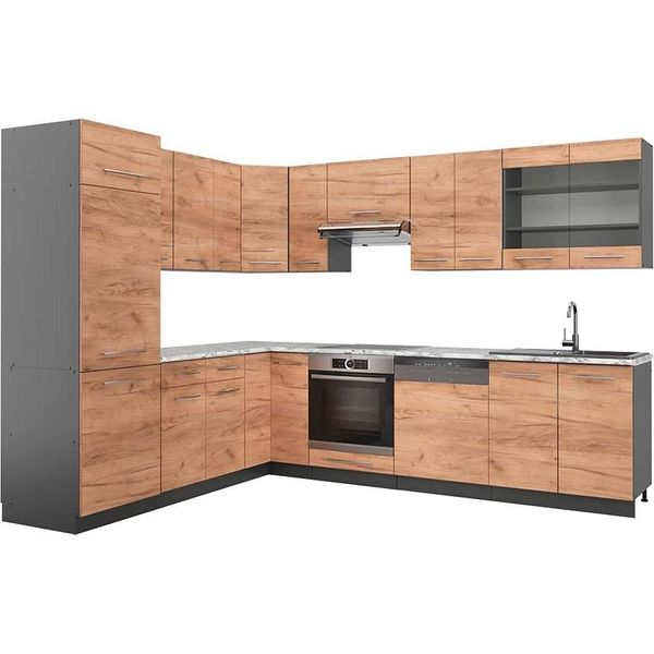 Vicco Cucina Angolare Completa Fame-Line, 227 X 287 Cm , Pt Marmo, Quercia Dorata/Antracite-image