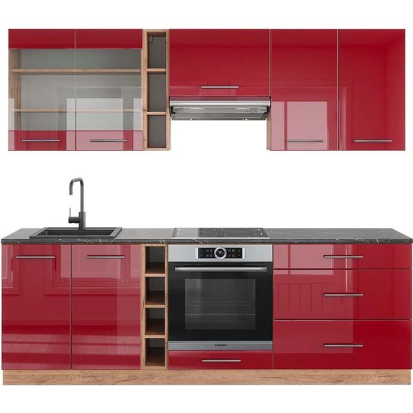Vicco Cucina Componibile Fame-Line, 235 Cm , Pt Antracite, Bordeaux Lucido/Rovere Dorato-image