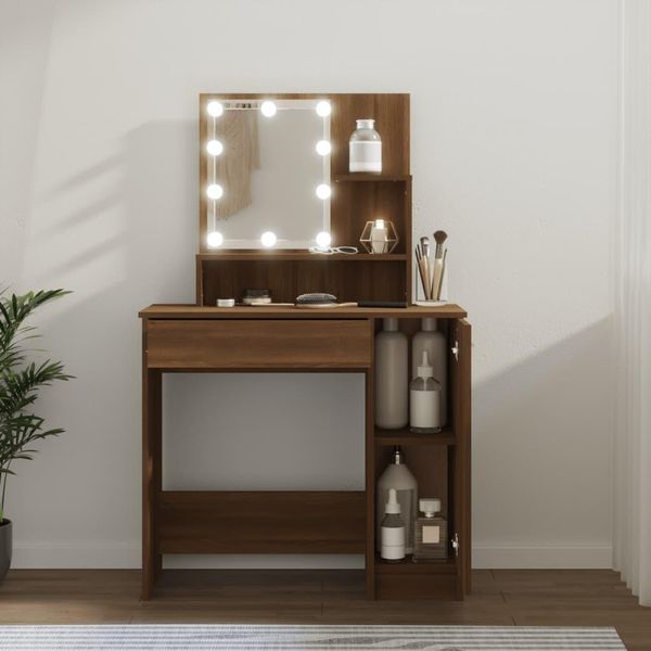 The Living Store Comodino Con Led Look Rovere Marrone 86,5X35X136 Cm-image
