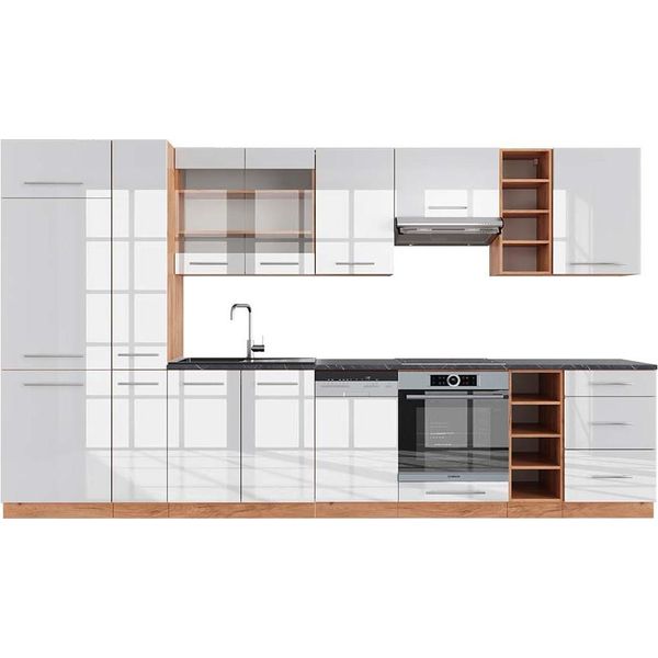 Vicco Cucina Componibile Fame-Line, 355 Cm , Pt Antracite, Bianco Lucido/Oro Power Oak/Quercia Dorata-image