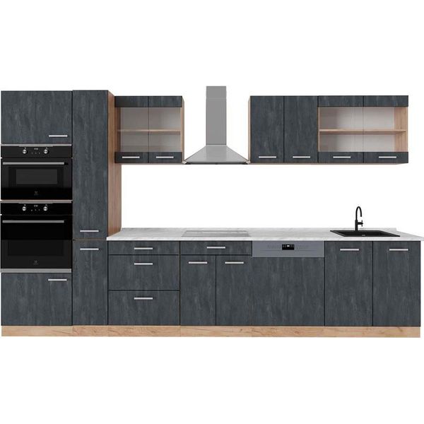 Vicco Cucina Componibile R-Line, 350 Cm , Pt Marmo, Calcestruzzo Nero/Quercia Dorata-image