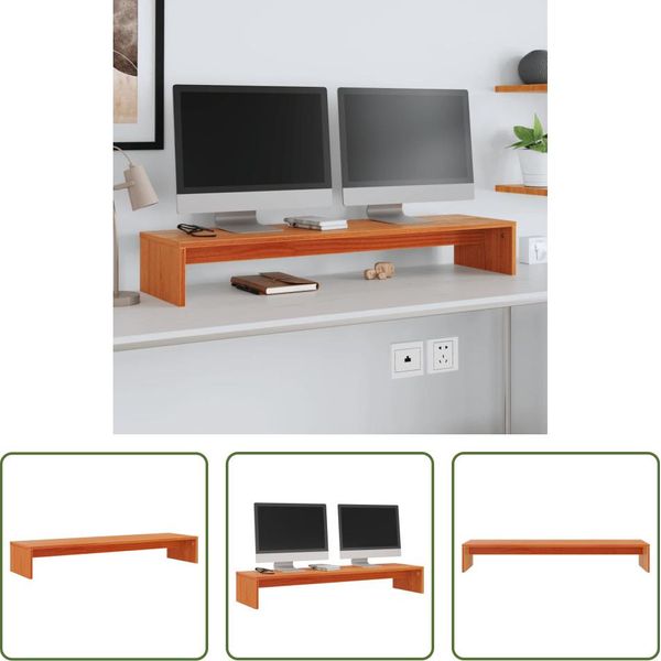The Living Store Supporto Per Monitor Marrone Cera 100X27X15 Cm In Legno Di Pino Massiccio-image